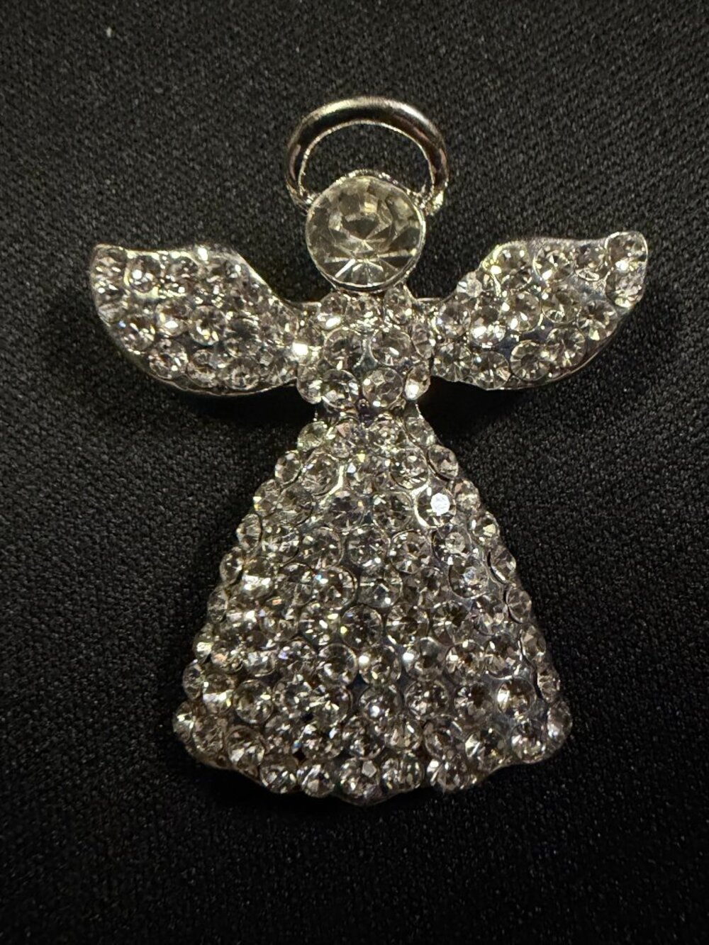 Rhinestone Angel Brooch Silver Tone Clear Crystal Guardian Pin
